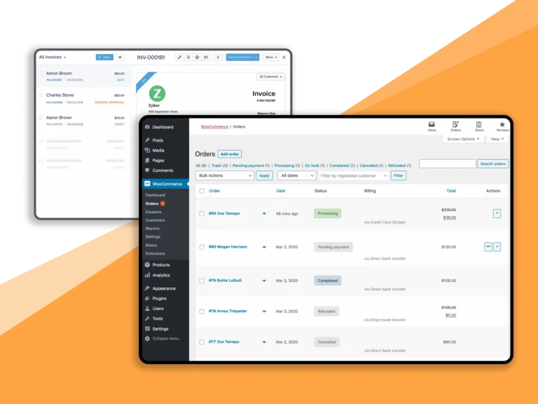 Pantallas de backend de WooCommerce y de Zoho Books