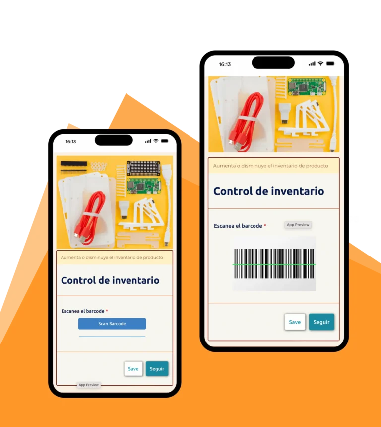 Pantallas de app con control de inventario y escáner de código de barras